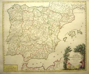 Mapa de la península ibérica datado en 1770, donde los reinos de Sevilla, Córdoba y Jaén son denominados «Andalucía», mientras que el Reino de Granada aparece por separado