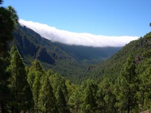 Vista hacia el sur desde el mirador de La Cumbrecita, a espaldas de la Caldera de Taburiente, en el parque nacional de la Caldera de Taburiente (La Palma). Uno de los parques nacionales más antiguos del archipiélago