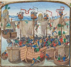 Batalla naval de La Rochelle (miniatura francesa del siglo XV). En ella la flota de la marina castellana, formada por naves cántabras, obtiene una victoria contundente frente a la armada inglesa, pasando el control del canal de la Mancha a manos de la Corona de Castilla