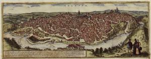 Hasta el año 1561 Toledo fue sede de la Corte del Reino de Castilla.[23] En la imagen, grabado de la época de los alemanes Georg Braun (cartógrafo) y Frans Hogenberg (pintor y grabador)