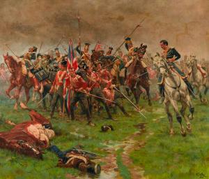 Soldados británicos en la Batalla de La Albuera, el 16 de mayo de 1811. Pintura al óleo de William Barnes Wollen (1912)
