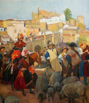 Extremadura, el mercado, célebre pintura de Joaquín Sorolla de 1917. Al fondo, Plasencia, a la izquierda jóvenes de Montehermoso 