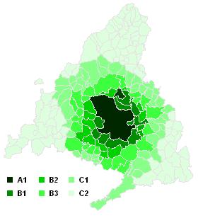 Mapa de las áreas del Consorcio Regional de Transportes de Madrid. A partir de ellas se aplican las tarifas de los distintos transportes públicos