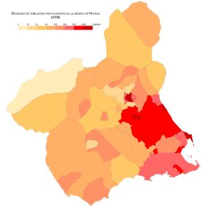 Densidad de población por municipio en la región de Murcia en el año 2018