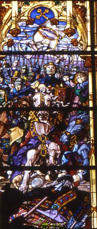 Sancho VII «el Fuerte» de Navarra en la Batalla de las Navas de Tolosa (vidriera de la capilla de San Agustín en Roncesvalles esta vidriera se hizo con motivo del VII centenario de la batalla en 1912[16]