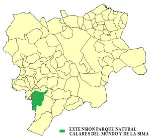 Extensión del parque natural de los Calares del Río Mundo y de la Sima respecto a la provincia de Albacete.