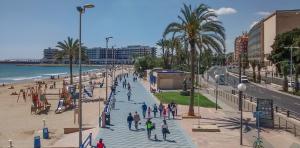 De izquierda a derecha y de arriba abajo: panorámica del puerto, el paseo de la Explanada, el hotel Alicante Gran Sol, el castillo de Santa Bárbara desde el puerto deportivo, la casa Carbonell, el ayuntamiento de Alicante y el paseo marítimo de la playa del Postiguet.