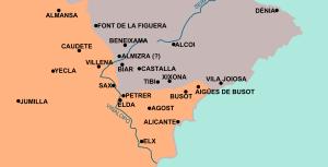 Límites aproximados del tratado de Almizra, firmado en Campo de Mirra en 1244.