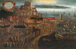 Expulsión de los moriscos a través del puerto de Denia. Pintura de Vicente Mostre (1613).