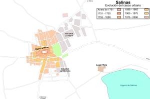 Evolución urbanística de Salinas. Al sureste, al borde de la laguna, se halla el Lugar Viejo, núcleo original de la población; al noroeste se desarrolló el actual casco urbano desde su traslado en 1751.