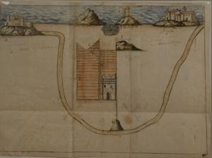 Mapa de la costa entre Benidorm y Villajoyosa con entre otros el Castillo de Villajoyosa y la Torre de Aguiló (1717).