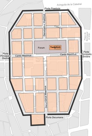 Plano de Barcino superpuesto al plano actual del Barrio Gótico 