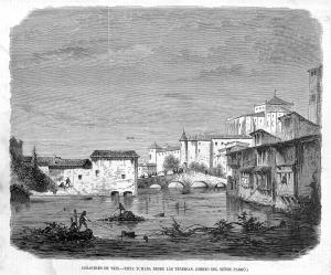 Grabado de la riada de 1863, con desbordamiento del río Méder.