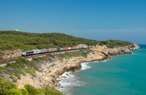 Tren de carga pasando por la costa de Vilanova i la Geltrú