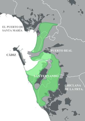 Mapa del parque natural de la Bahía de Cádiz, situado en los municipios de Cádiz, San Fernando, Puerto Real, Chiclana de la Frontera y El Puerto de Santa María