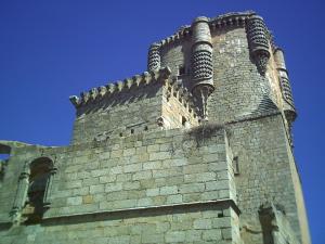  Detalle de la Torre del Homenaje del Castillo de los Sotomayor y Zúñiga desde el estanque de El Pilar