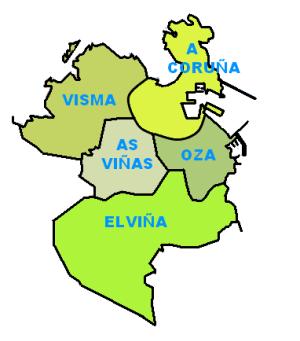 Límites aproximados entre las 5 parroquias de Coruña