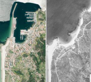 Imágenes aéreas de Portosín. La imagen de la izquierda es una ortofoto de 2017 mientras que la imagen de la derecha corresponde a una foto aérea de 1955.