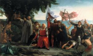 Representación romántica de Cristóbal Colón y los hermanos Pinzón a su llegada a América (Exposición Nacional (1862), Medalla de Primera clase) por Dióscoro Puebla.