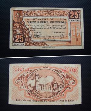 Billete local de 25 céntimos de peseta, de la Segunda República Española, emitido en Lérida, 1937