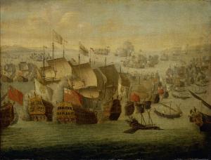 La batalla de Málaga, de Isaac Sailmaker. Fue el mayor combate naval de la guerra de sucesión española. Tuvo lugar frente a las costas de Vélez-Málaga el día 24 de agosto de 1704 