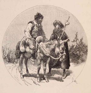 Ilustración del Quijote que muestra el encuentro de Sancho Panza con el morisco Ricote, personaje cuyo nombre pudo ser escogido por Cervantes en recuerdo a los moriscos de esta villa.