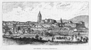 Vista general de Oviedo en un dibujo de José Pascó de 1885
