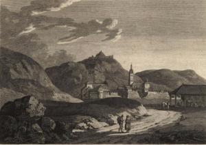 Grabado de Dueñas (1808) realizado por Robert Pollard basándose en un dibujo que pintó Henry Swinburne durante su viaje por España en 1775-1776.Única imagen que se conserva del castillo y las murallas, antes de su utilización para la construcción del Canal de Castilla a partir de 1830