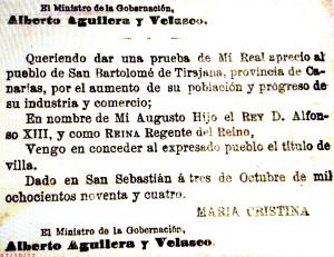 Real decreto de concesión del título de villa para San Bartolomé