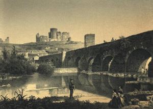 Puente y restos del castillo en 1865, por Francisco Javier Parcerisa.