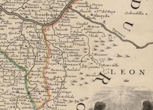 Detalle del oeste salmantino en un mapa del siglo XVIII, en el que se puede observar Aldea del Obispo (escrito como Obispo).