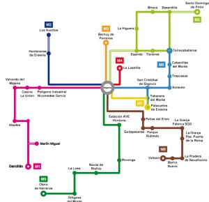 Plano Metropolitano Segovia donde aparece las líneas M8 y M8* a su paso por el Real Sitio de San Ildefonso