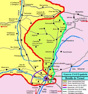 Mapa del entorno donde se desarrolló la batalla de Teruel. Se indican las situaciones inicial y final, así como la correspondiente al 20 de diciembre de 1937, cuando la ciudad queda cercada por las tropas republicanas y comienza la batalla por la toma de la capital