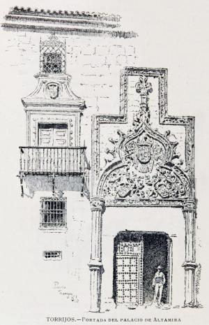 Portada del palacio de Altamira en un dibujo de Josep Pascó (1886). De este edificio, desaparecido en la actualidad, se conservan varios restos, entre ellos una cúpula expuesta en el Museo Arqueológico Nacional de Madrid.