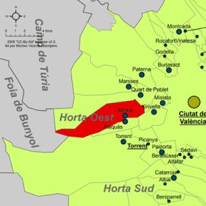 Localización del término municipal de Aldaia en la comarca de la Huerta Sur.