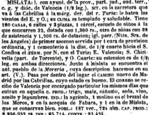 Artículo «Mislata» en el Diccionario geográfico-estadístico-histórico de España y sus posesiones de Ultramar de Pascual Madoz (1845-1850)