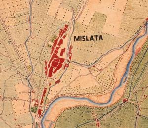 Plano de Mislata en 1883 (el norte queda a la derecha). Se ve cómo Mislata y la Morería están totalmente unidos, mientras que el Cerdanet aparece disperso en el límite este
