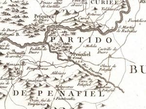 Detalle centrado en Peñafiel de la hoja n.º 4 del mapa de la provincia de Valladolid publicado en 1779 por Tomás López.