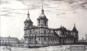 Proyecto de Juan de Herrera (según reconstrucción ideal de Fernando Chueca Goitia) para la cuarta Colegiata de Valladolid, elevada a rango de catedral en 1595