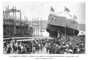 Botadura del crucero acorazado Infanta María Teresa en 1890. Dibujo del natural por Juan Comba 