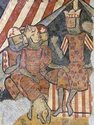El rey Jaime I de Aragón con el obispo de Barcelona Berenguer de Palou y los magnates Bernat de Centelles y Gilabert de Cruïlles durante la Conquista de Mallorca (1229)(Frescos del Palacio Aguilar de Barcelona. MNAC)