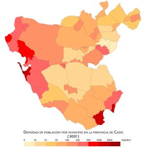 Mapa de densidad de población por municipios de la provincia de Cádiz[31]