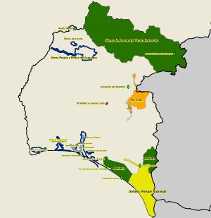 Mapa de espacios protegidos por la RENPA en la provincia de Huelva