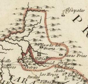 Mapa de 1766, orientado con el oeste arriba, en el que se indican los actuales pueblos extremeños de San Martín de Trevejo, Trevejo y Villamiel pertenecientes a la provincia de Salamanca y el actual municipio salmantino de Navasfrías perteneciente a Extremadura.