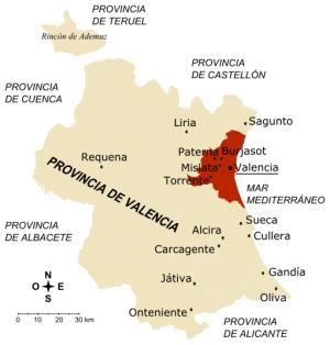 Principales localidades de la provincia. El área metropolitana de Valencia está pintada en marrón.